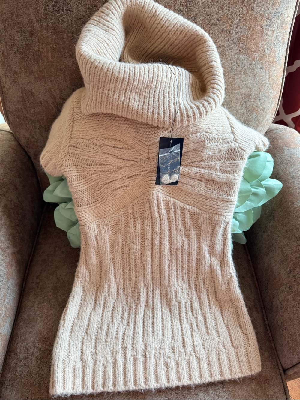BCBG Short Sleeve Beige Cowl Neck Sweater Y2K NWT